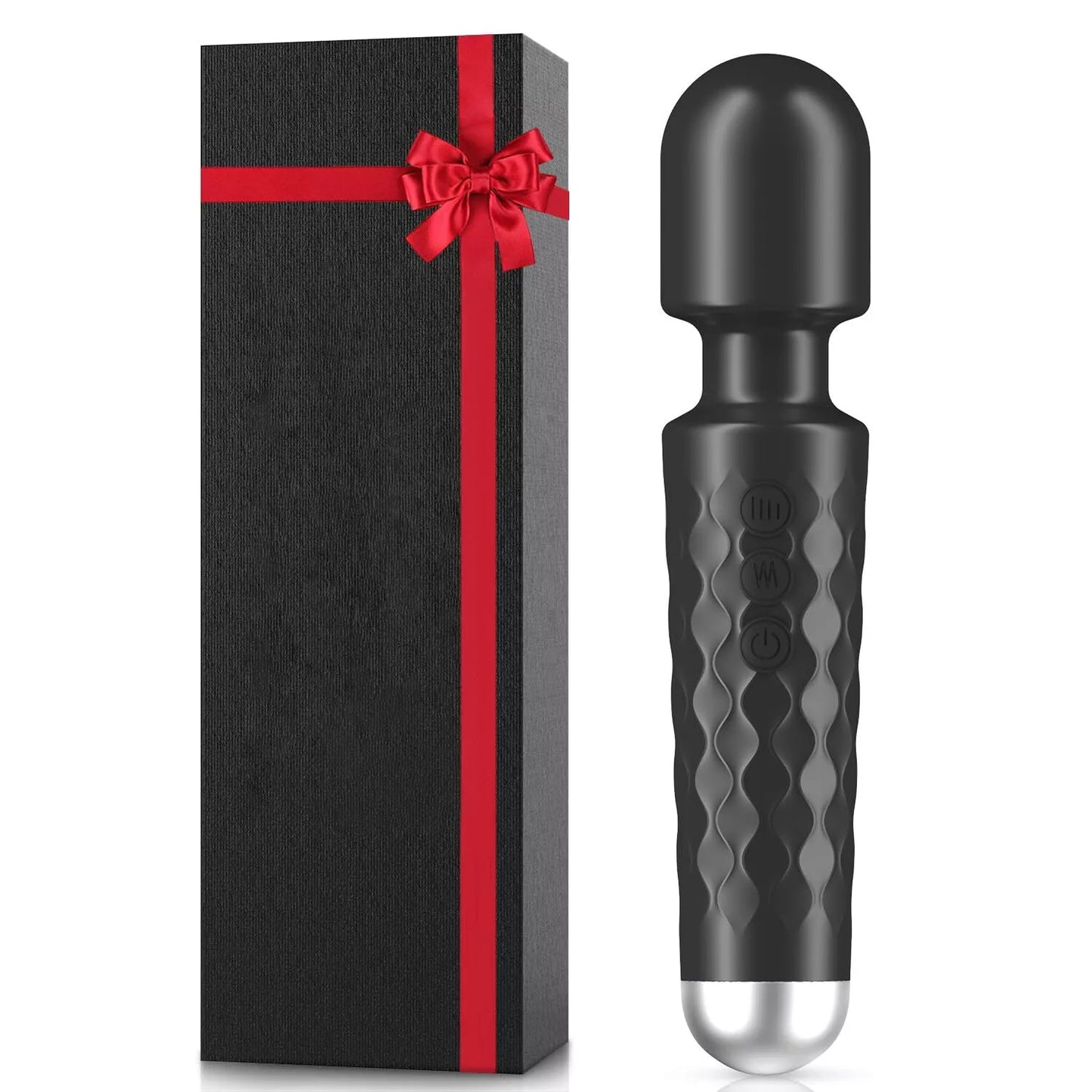The hiddenamour Sex Toy for Women, a black hand-held clitoral stimulator with 20 vibrations and 8 speeds, is displayed beside a matching black gift box with a red ribbon. Rechargeable, waterproof, and cordless for her pleasure.