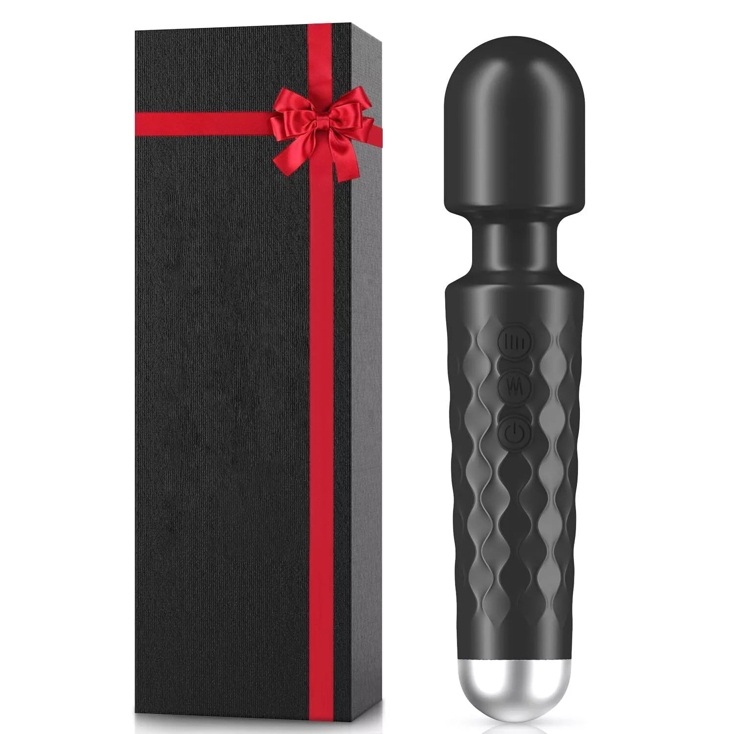 The hiddenamour Sex Toy for Women, a black hand-held clitoral stimulator with 20 vibrations and 8 speeds, is displayed beside a matching black gift box with a red ribbon. Rechargeable, waterproof, and cordless for her pleasure.