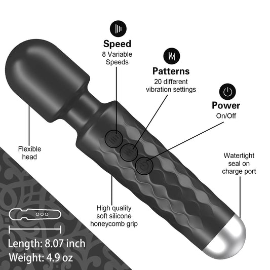 The hiddenamour Sex Toy for Women is a handheld, waterproof clitoral stimulator with 20 vibration patterns, 8 speeds, and a flexible rounded head. It features easy controls, a textured silicone grip, and measures 8.07 inches long. Rechargeable for her pleasure.