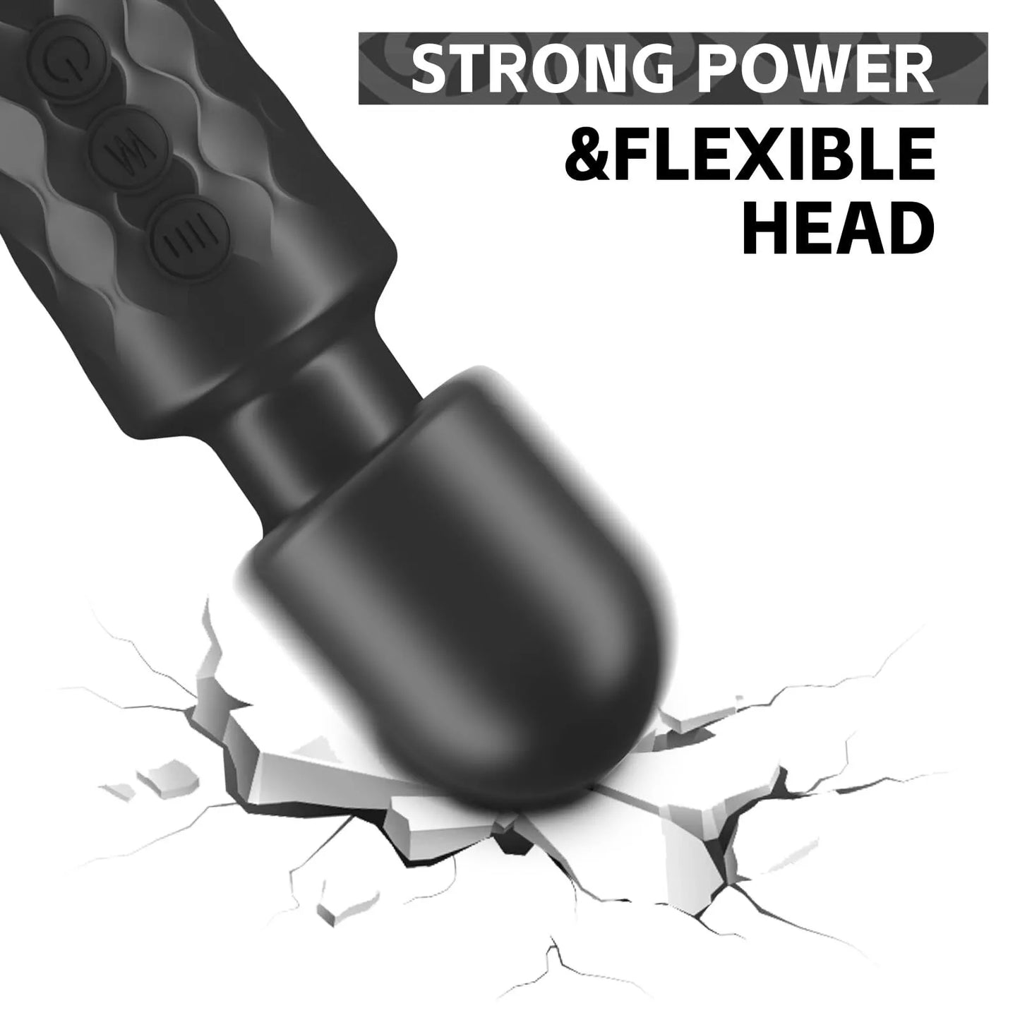 A black hiddenamour Sex Toy for Women with AI smart chip and flexible head presses down, cracking a white surface. Text reads: STRONG POWER & FLEXIBLE HEAD. Features 20 vibrations, 8 speeds, cordless design, rechargeable & waterproof.