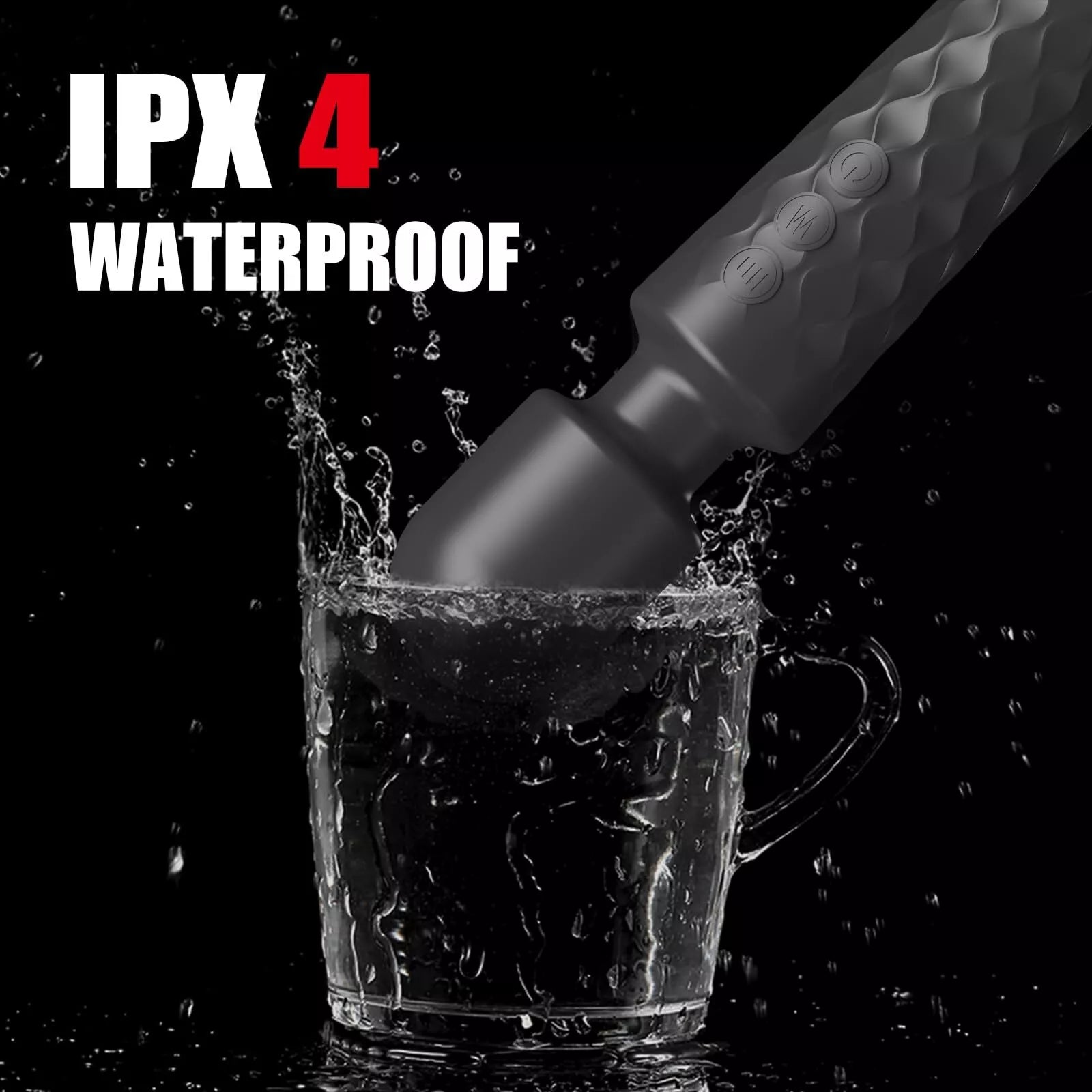 A black hiddenamour Sex Toy for Women, a waterproof vibrator with 20 vibrations & 8 speeds, sits partly submerged in a glass mug with water splashing up. Above it, large text reads IPX 4 WATERPROOF—the 4 in red; other text is white.