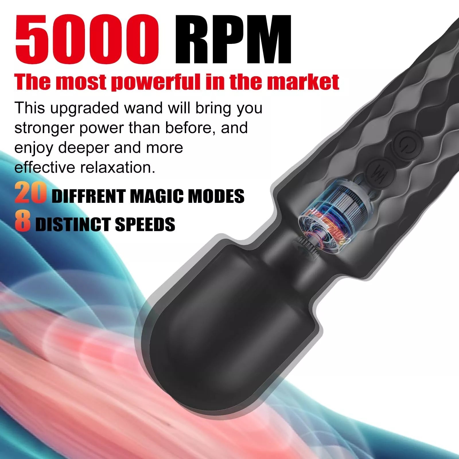 Close-up of the hiddenamour Sex Toy for Women—a black, hand-held clitoral stimulator with a transparent view revealing its motor. Features 20 vibration modes, 8 speeds, cordless design, and is waterproof and rechargeable for her pleasure.